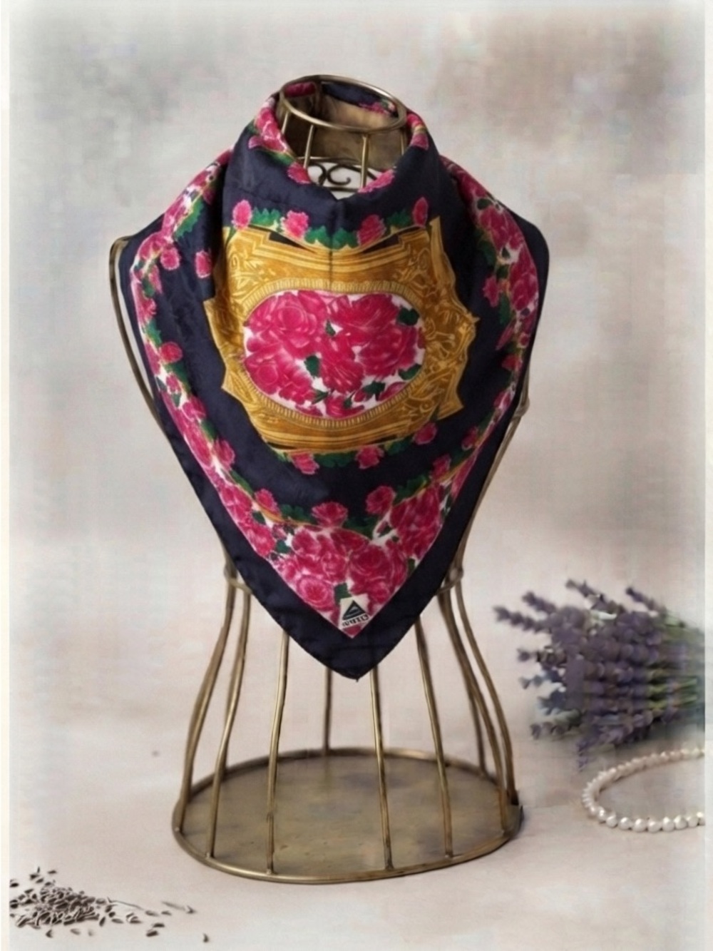 Vintage Made in Italy Avon Pink Rose & Gold Scarf